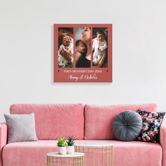 Eerste Moederdag Drie Fotocollage Terracotta Canvas Afdruk (Insitu (Woonkamer))