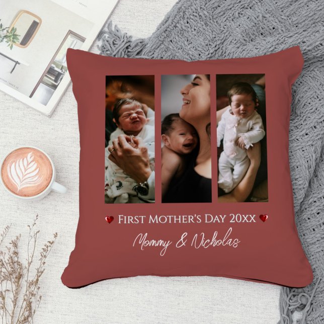 Eerste Moederdag Drie Fotocollage Terracotta Kussen (Terracotta First Mother's Day Three Photo Collage Throw Pillow)