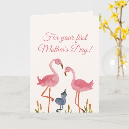 Eerste Moederdag Flamingo Kaart (Gele Bloem)