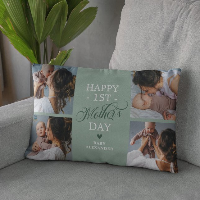 Eerste Moederdag Foto Collage Green Kussen (Creator heeft geüpload)