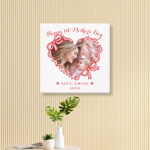 Eerste Moederdag Foto Hart Frame Rood Roze Strik Canvas Afdruk