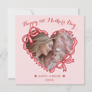 Eerste Moederdag Foto Hart Frame Rood Roze Strik Feestdagenkaart