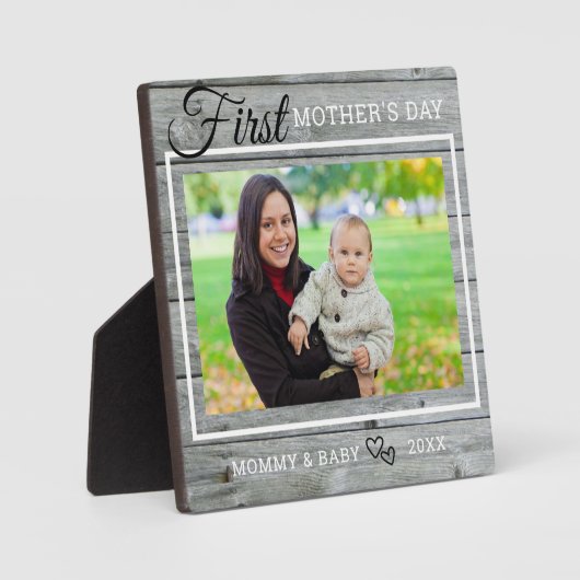 Eerste Moederdag Foto Rustic Gray Wood Fotoplaat (Voorkant)