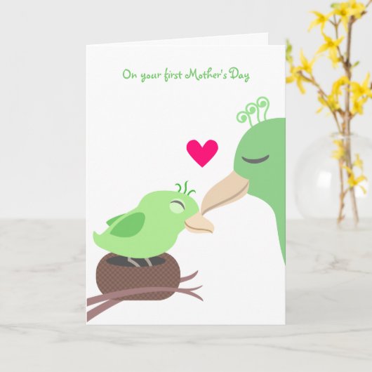 Eerste Moederdag - Groene Vogels Kaart (Gele Bloem)