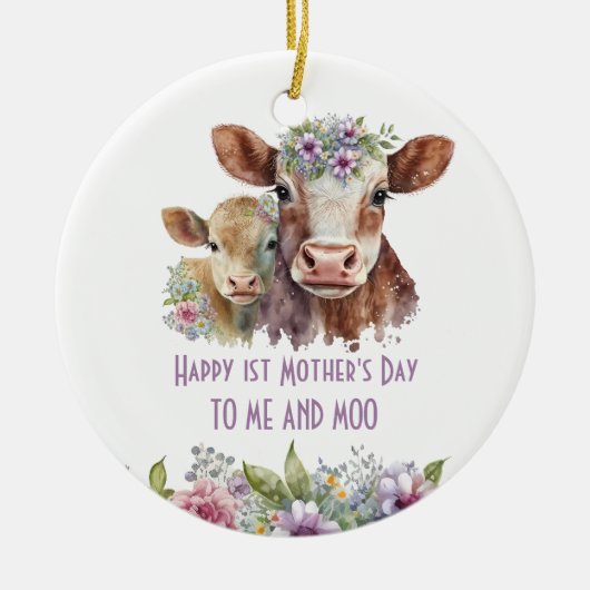 Eerste Moederdag Me en Moo Schattigee Moeder Baby  Keramisch Ornament (Voorkant)