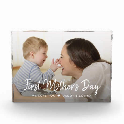 Eerste Moederdag Modern Script Baby Photo Block Fotoblokken (Voorkant)