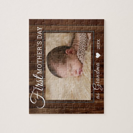 Eerste Moederdag oma foto Dark Wood Legpuzzel (Verticaal)