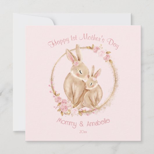 Eerste Moederdag Schattige Konijnenmeisje Bloemenr Kaart (Voorkant)