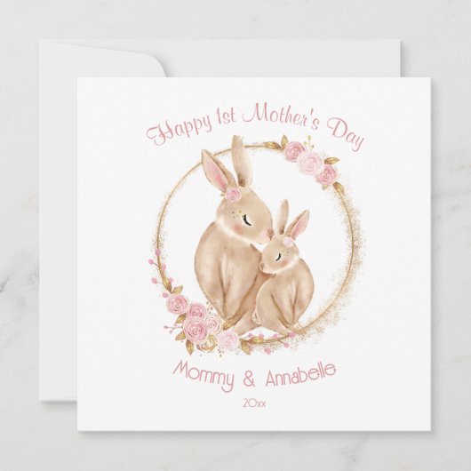 Eerste Moederdag Schattige konijntje wit roze Kaart (Voorkant)