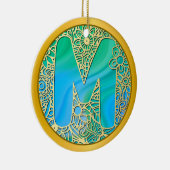 Eerste monogram M Kerstmis - Goud, Teal & Blauw Keramisch Ornament (Rechts)