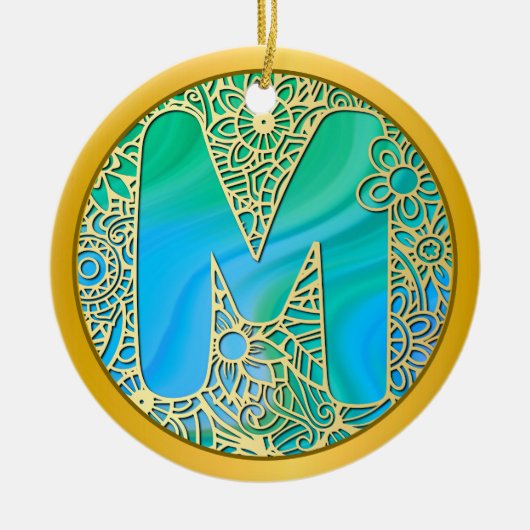 Eerste monogram M Kerstmis - Goud, Teal & Blauw Keramisch Ornament (Voorkant)