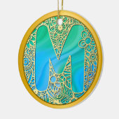 Eerste monogram M Kerstmis - Goud, Teal & Blauw Keramisch Ornament (Links)