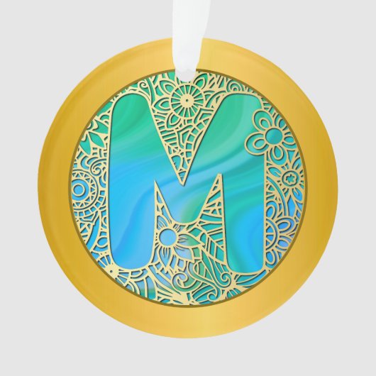 Eerste monogram M Kerstmis - Goud, Teal & Blauw Ornament (voorkant)