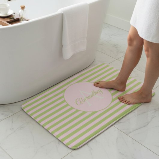 Eerste monogram & naam pastel roze groen gestreept badmat