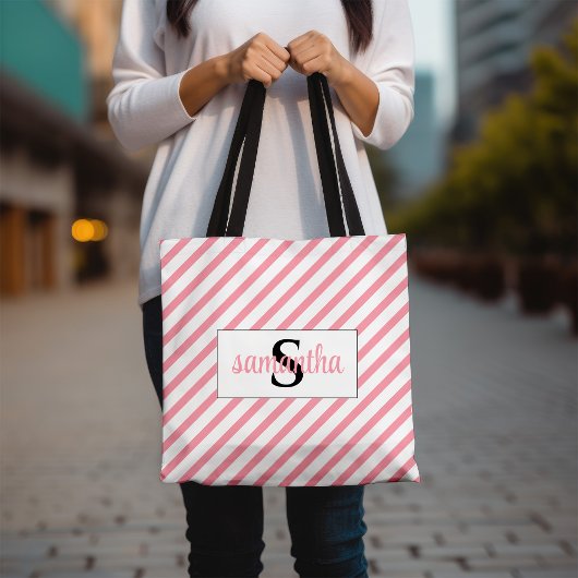 Eerste monogram naam roze en wit tote bag