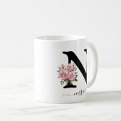 Eerste N Monogram Bloem Roze Rozen Mok (Voorkant rechts)