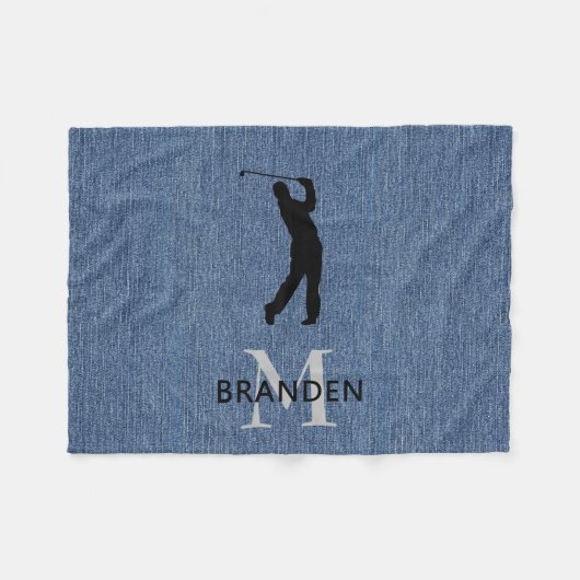 Eerste naam man golfer, blauwe denimprint fleece deken (Voorkant (Horizontaal))