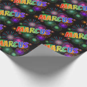 Eerste naam "MARCUS" in regenboogkleuren + Vuurwer Cadeaupapier