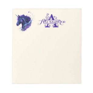 Eerste naam monogram blauw paars eenhoorn magie notitieblok