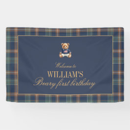 Eerste Navy Plaid Teddybeer Verjaardagsbanner  Spandoek