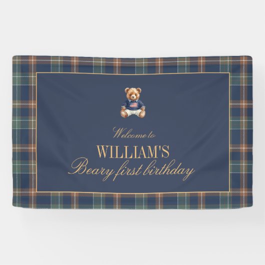 Eerste Navy Plaid Teddybeer Verjaardagsbanner Spandoek (Horizontaal)
