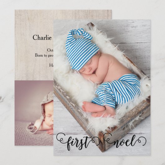Eerste Noel Baby kerst Label rustieke fotokaart Feestdagenkaart (Voorkant / Achterkant)