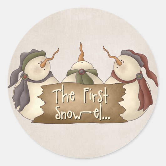 Eerste ontwerp van de wintersneeuwpop ronde sticker (Voorkant)
