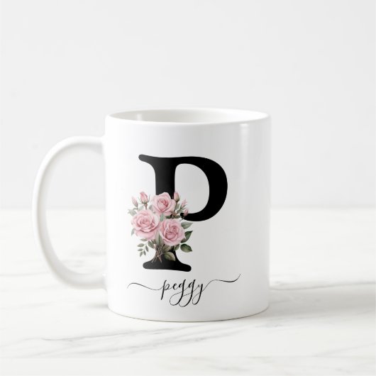 Eerste P Monogram Bloem Roze Rozen Mok (Links)
