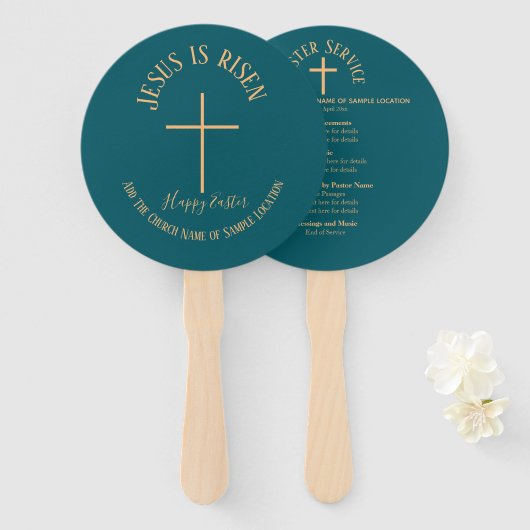 Eerste Paasdag Teal Groen Kleur Kerkdienst Handwaaier (Voorkant en achterkant)
