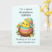 Eerste paasslaapje personaliseren paaskuiken kaart (Gele Bloem)