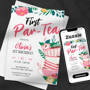 Eerste Par-Tea! Roze Bloemige Theepartij Verjaarda Kaart