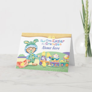 Eerste Pasen, kleinzoon, Wooly Bunny met kip Feestdagen Kaart