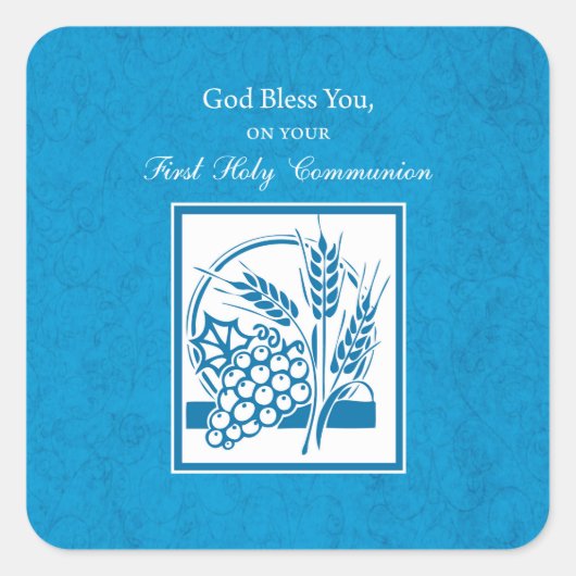 Eerste persbericht, tarwe, druiven blauw vierkante sticker (Voorkant)