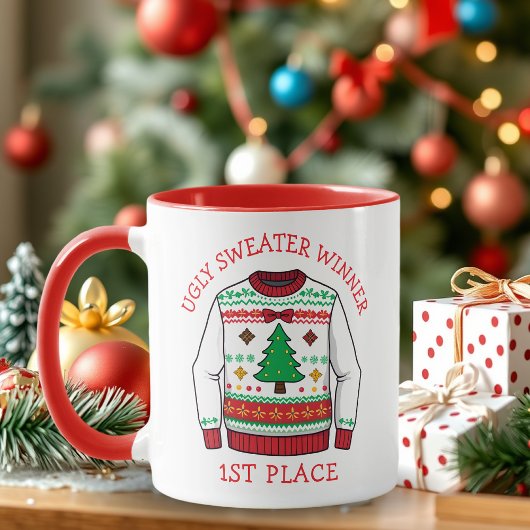 Eerste plaats lelijkste kersttrui winnaar mok