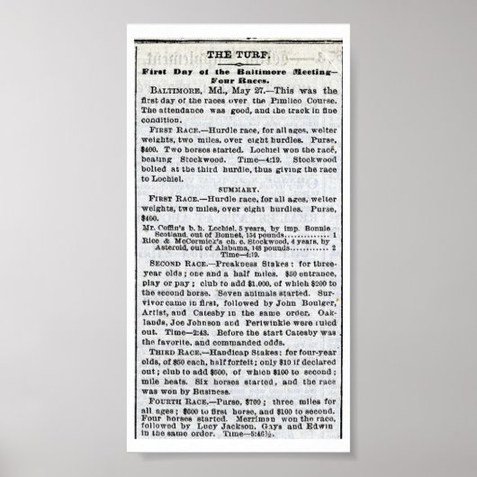 Eerste preakness - New York Times 28 mei 1873 Poster (Voorkant)