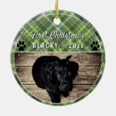 Eerste Puppy Kerst Pauw Groene Plaid Hond Foto Keramisch Ornament (Achterkant)