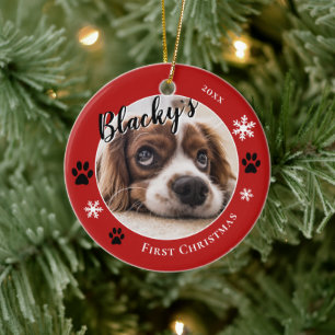 Eerste puppy Kerstmis Rustic Dog Naam Foto Rood Keramisch Ornament