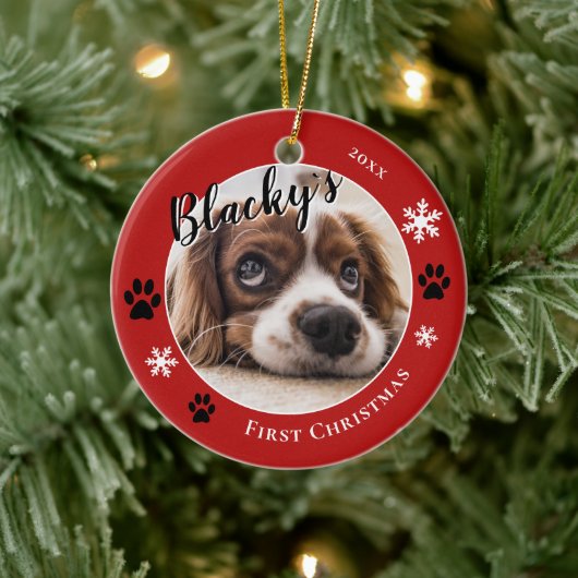 Eerste puppy Kerstmis Rustic Dog Naam Foto Rood Keramisch Ornament (Boom)
