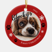 Eerste puppy Kerstmis Rustic Dog Naam Foto Rood Keramisch Ornament (Voorkant)