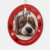 Eerste puppy Kerstmis Rustic Dog Naam Foto Rood Keramisch Ornament (Links)