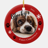 Eerste puppy Kerstmis Rustic Dog Naam Foto Rood Keramisch Ornament (Achterkant)