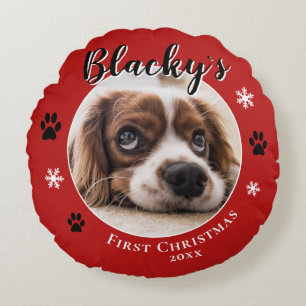 Eerste puppy Kerstmis Rustic Dog Naam Foto Rood Rond Kussen