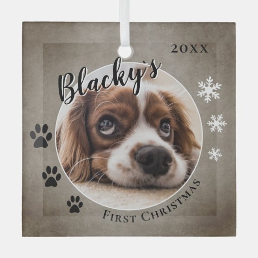 Eerste puppy Kerstmis Rustic Dog Name Foto Glas Ornament (Voorkant)