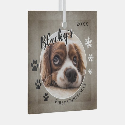 Eerste puppy Kerstmis Rustic Dog Name Foto Glas Ornament (Voorkant Rechts)