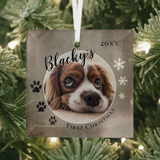 Eerste puppy Kerstmis Rustic Dog Name Foto Glas Ornament (Insitu)