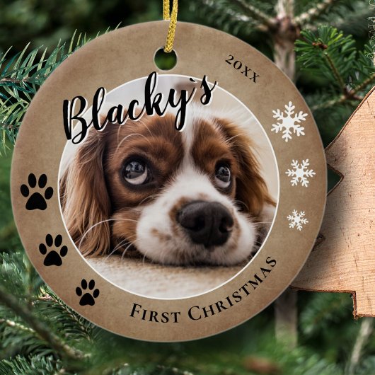 Eerste puppy Kerstmis Rustic Dog Name Foto Keramisch Ornament
