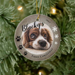 Eerste puppy Kerstmis Rustic Dog Name Foto Keramisch Ornament