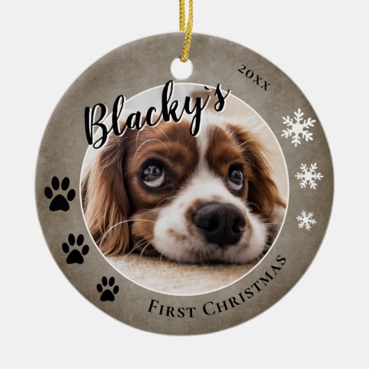 Eerste puppy Kerstmis Rustic Dog Name Foto Keramisch Ornament (Voorkant)
