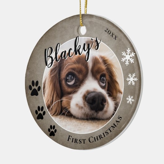 Eerste puppy Kerstmis Rustic Dog Name Foto Keramisch Ornament (Links)