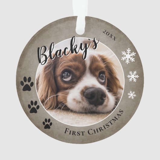 Eerste puppy Kerstmis Rustic Dog Name Foto Ornament (achterkant)